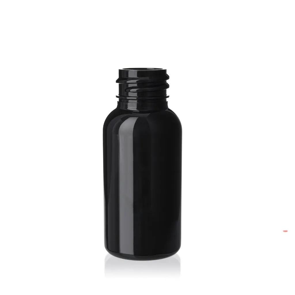 1 oz BLACK PET Boston Round Bottle, 20-410 Neck