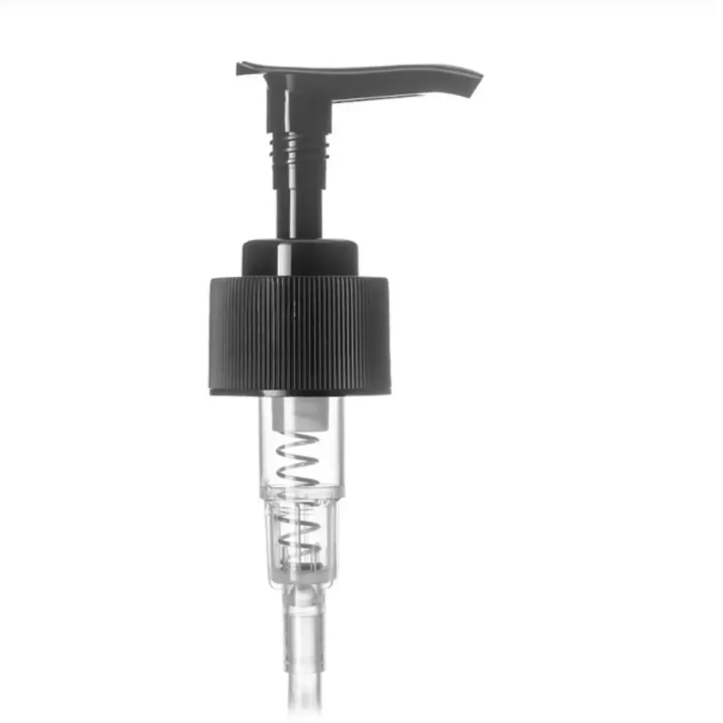 28-410 Black Lotion Pump RIBBED Collar Black Head 8" Tube
