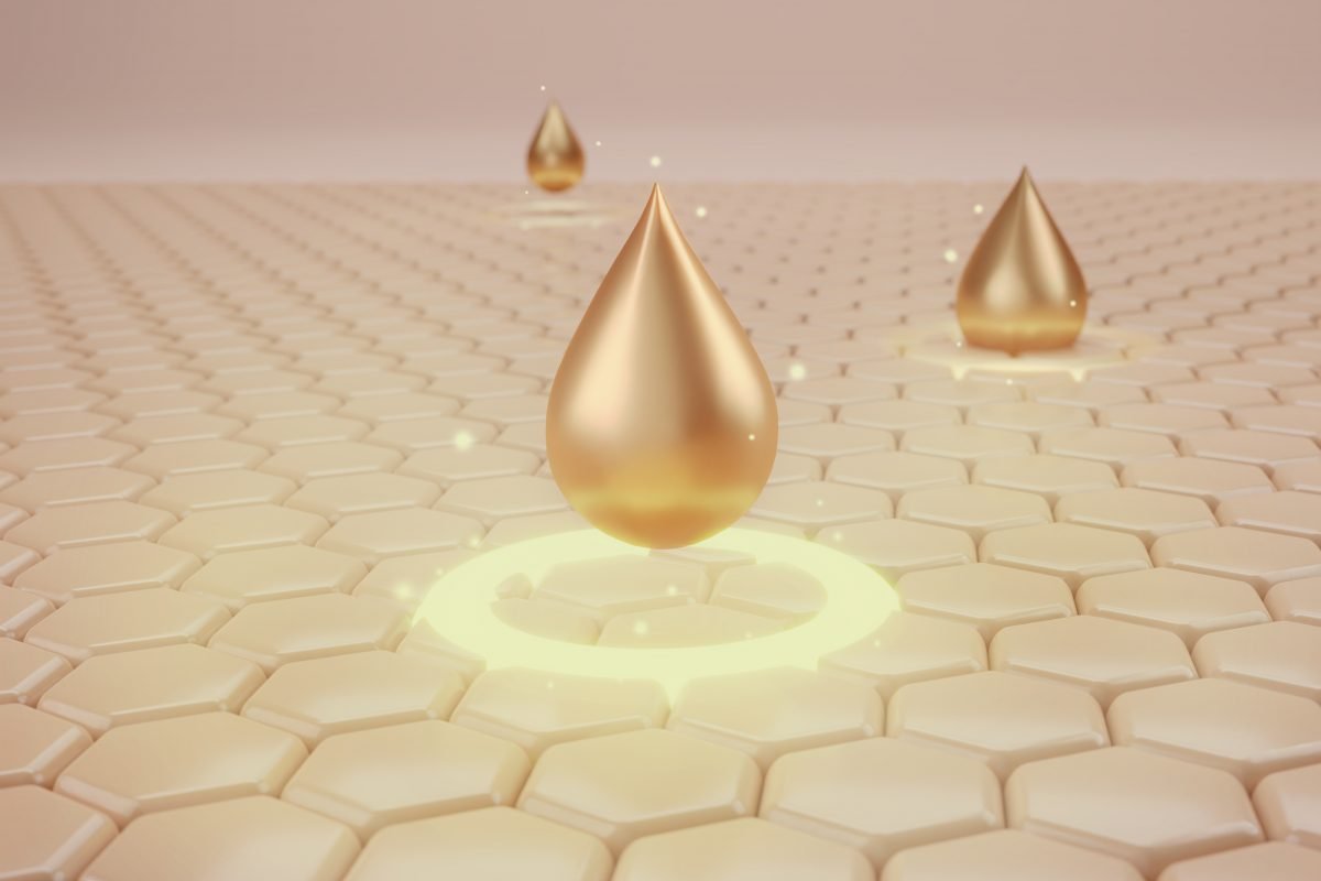 Gold Serum drop on skin cells, Repair and Bright Dark skin to he